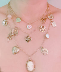Vintage Rose Charm Layered Necklace – Romantic Multi-Strand Chain with Antique-Inspired Cameo Details