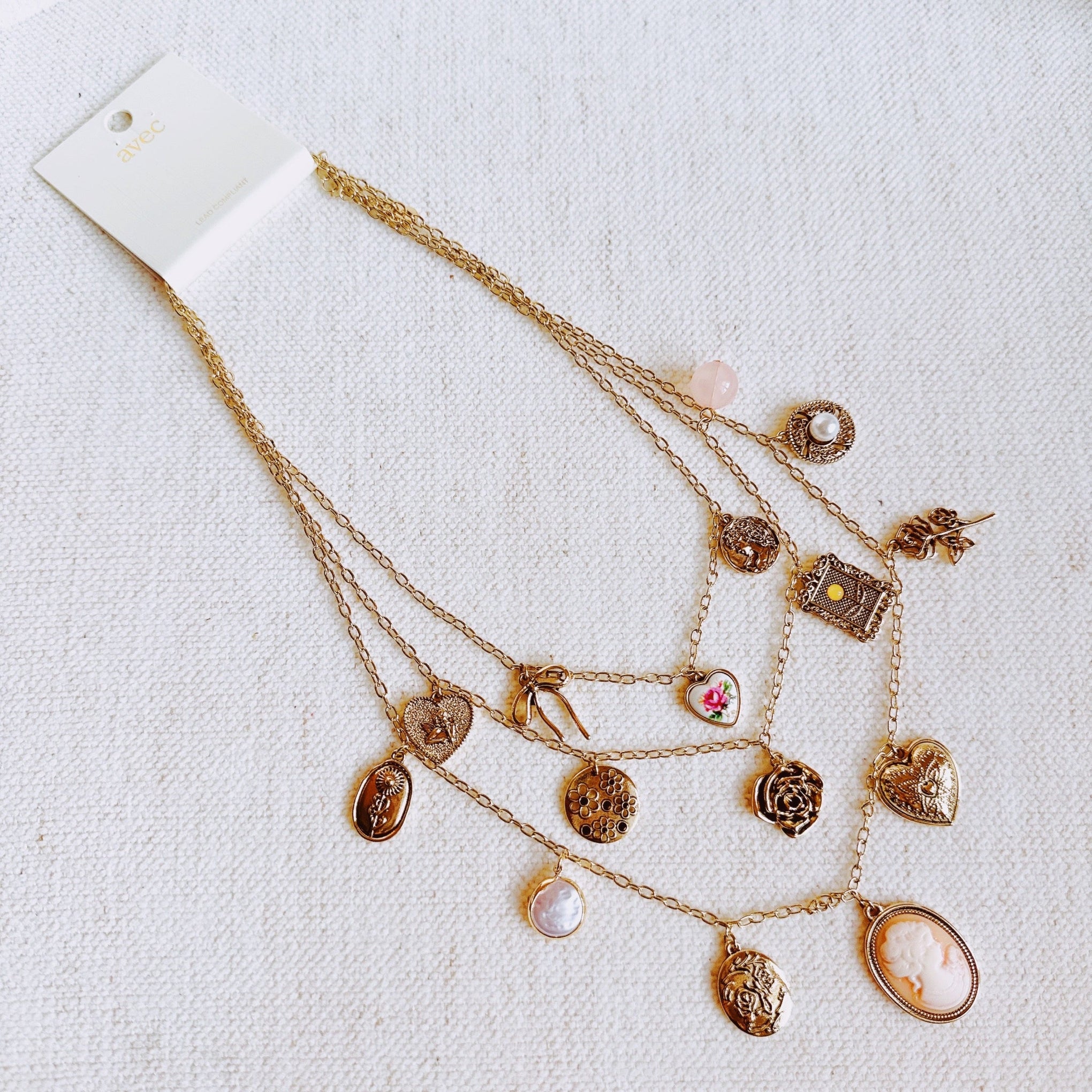 Vintage Rose Charm Layered Necklace – Romantic Multi-Strand Chain with Antique-Inspired Cameo Details