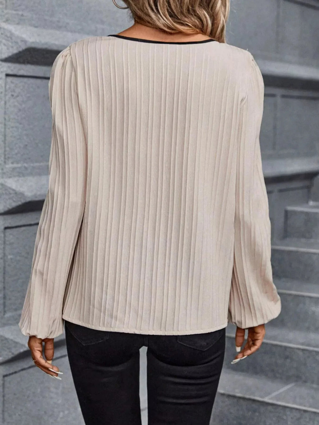 Textured Notched Long Sleeve Blouse