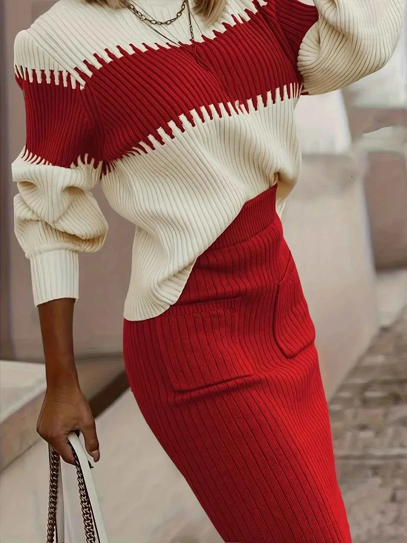 Two-Tone Ribbed Knit Top and Skirt Sweater Dress
