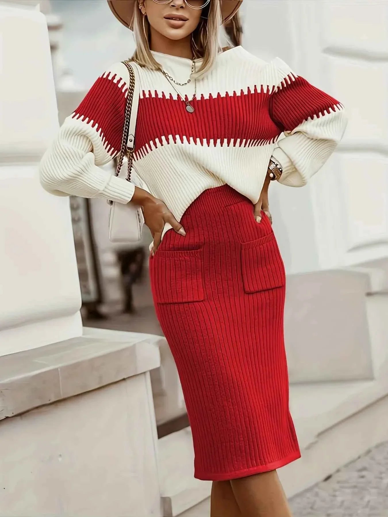 Two-Tone Ribbed Knit Top and Skirt Sweater Dress