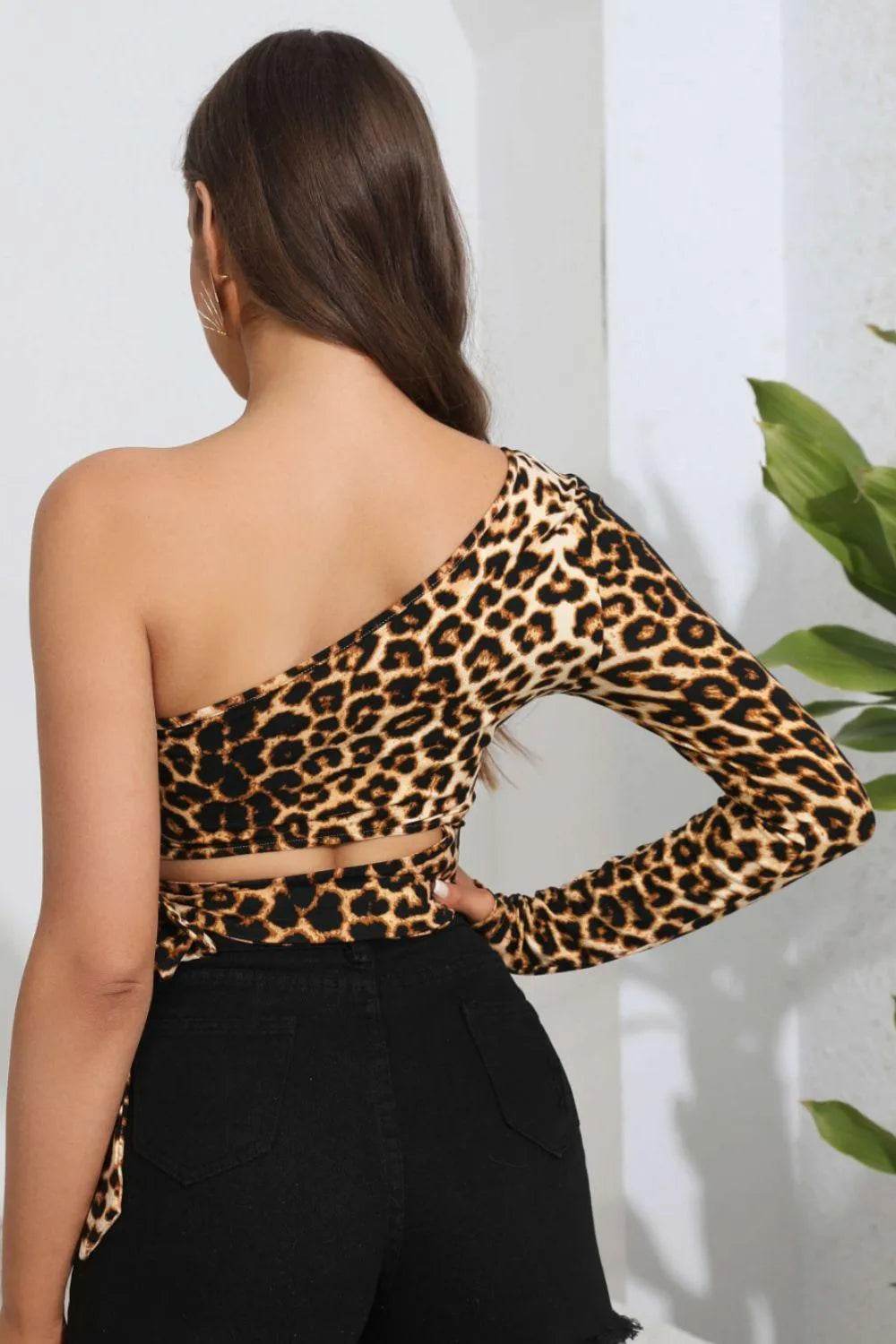 Bona Fide Fashion - Leopard Cutout One-Shoulder Cropped Top - Women Fashion