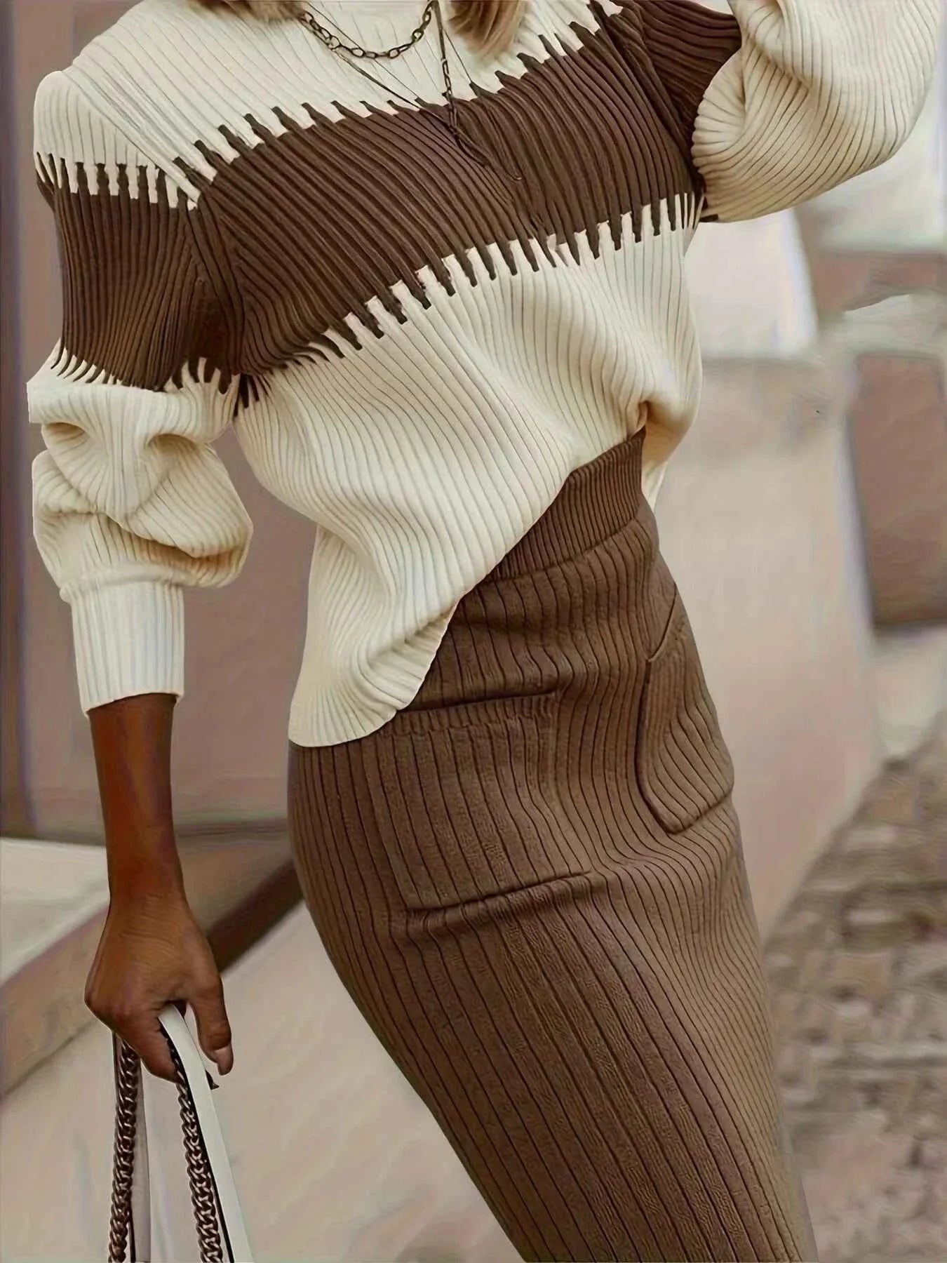 Two-Tone Ribbed Knit Top and Skirt Sweater Dress