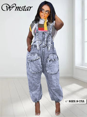 Wmstar Women's Jumpsuit Denim Cargo Pockets One Piece Outfits Wide Leg Black Fashion Streetwear Romper Wholesale Dropshipping