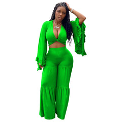 Casual Spring And Autumn For Women's Solid Color Long Sleeved Chest Wrap Top and Wide Leg Trousers Female Office 2 Piece Set