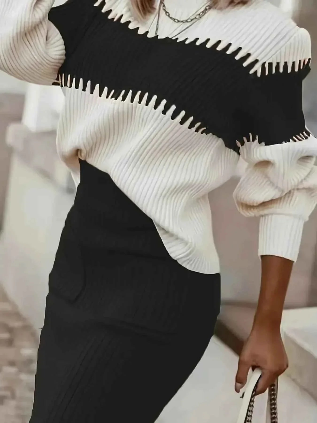 Two-Tone Ribbed Knit Top and Skirt Sweater Dress