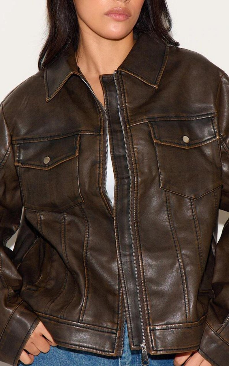 Women's Vintage Brown Oversized Leather Jacket, Ladies Bomber Jacket, Women 1980's Style Jacket, Christmas Gift For Her, Soft Leather Jacket