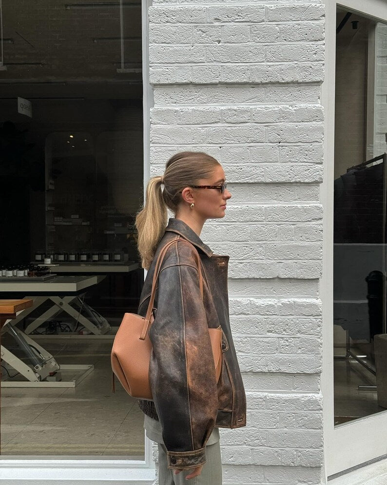 Women's Distressed Brown Oversized Leather Jacket, Women 1980's Style Jacket, Ladies Bomber Jacket, Soft Leather, Christmas Gift For Her