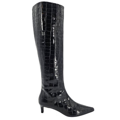 Black Tall Moc Croc Pointy Toe Kitten Heel Boot